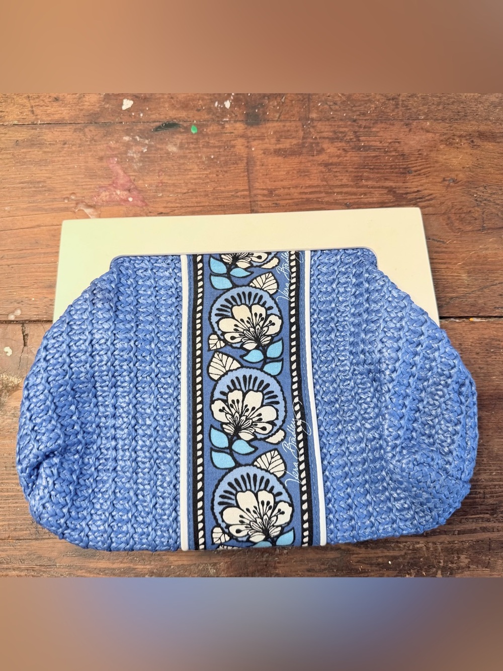 Vera Bradley Blue Bayou Woven Straw Clutch White Wood Frame Retired